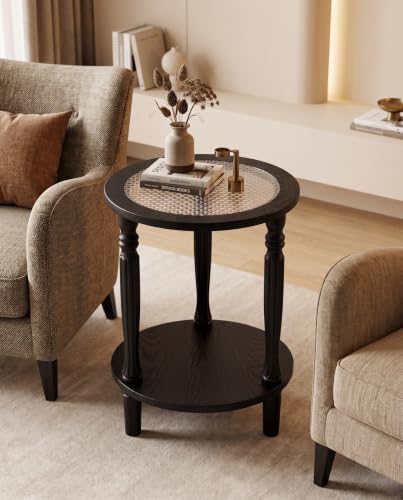 Matte Black Round 2‑Tier Mid‑Century Modern End Table with Glass (Black)