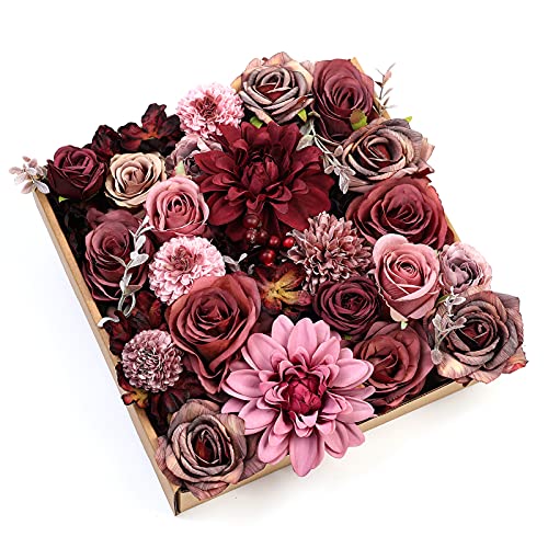 Artificial Flowers Combo Dahlia 25pcs Silk Fake Flowers Roses for DIY Wedding Bouquets Burgundy Centerpieces Arrangements Party Bridal Baby Shower Home Decorations (Burgundy)