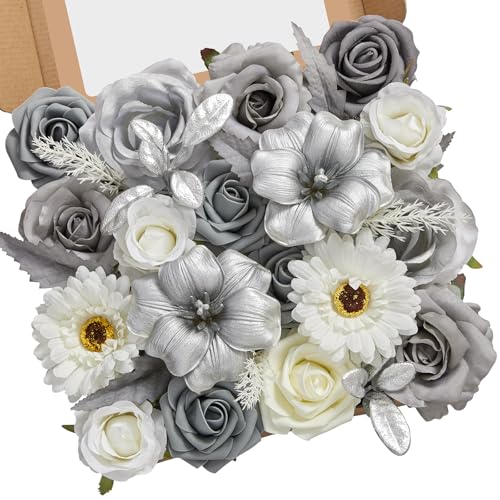 Silver Grey Artificial Flowers Silk Fake Flowers for DIY Wedding (Grey,silver / 1 Box)