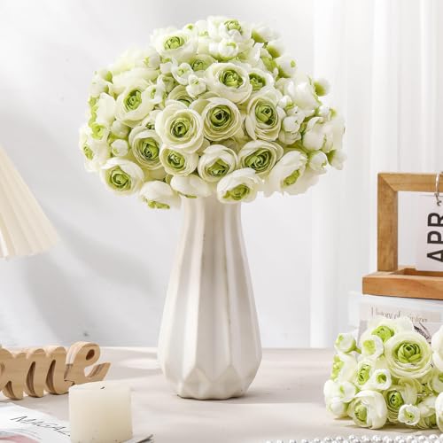 48 Pcs Ranunculus Artificial Flower (White,green)