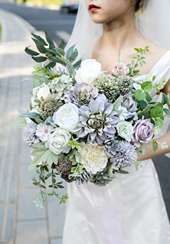 Artificial Flowers Combo Roses 25pcs Silk Fake Flowers for DIY Wedding Bouquets Combo Gradual Change Centerpieces Arrangements Party Bridal Baby Shower Home Decorations (Purple Green)