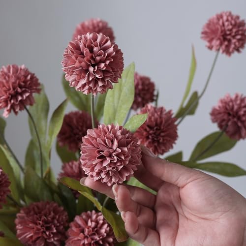 6 Pcs 27"Artificial Pompon Mum Silk Flower Stems for Vase (Warm Pink)