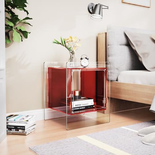 Acrylic Nightstand Colorful Bedside Table with Open Storage Shelf (Red)