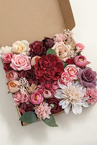 Artificial Flowers Combo Box Set Faux Flowers Bulk Flower Leaf with Stems for DIY Wedding Bouquets Centerpieces Baby Shower Party Home Decorations (Burgundy Pink)