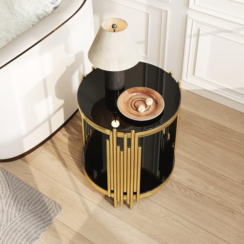 19.7''D Round Glass Side End Table with 2 Tiers (Gold & Black)