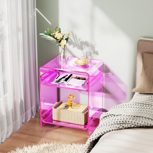 Acrylic End Table Record Player Table with Storage Shelf Clear Side Table Nightstand (Pink)
