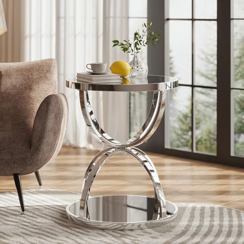 2Pcs Round Glass Coffee Table and End Table Sets with 2 Tiers (Medium / Silver)