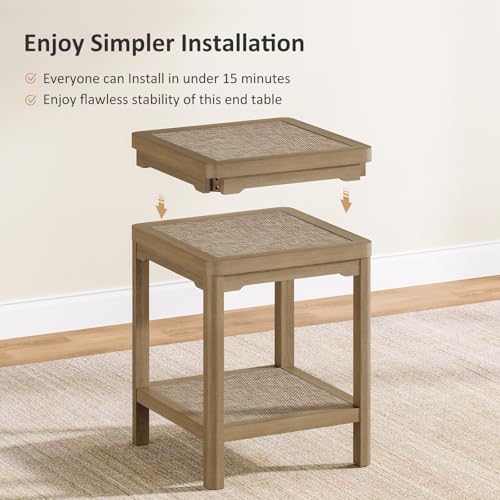 Square Rattan End Table Side Table Set of 2 with Round Edge Design (Caramel Oak, Square)