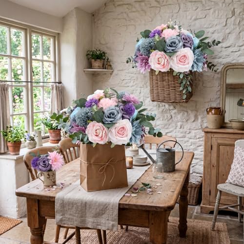 98pcs Artificial Flowers with Stems (Blue, Purple, Pink Color)