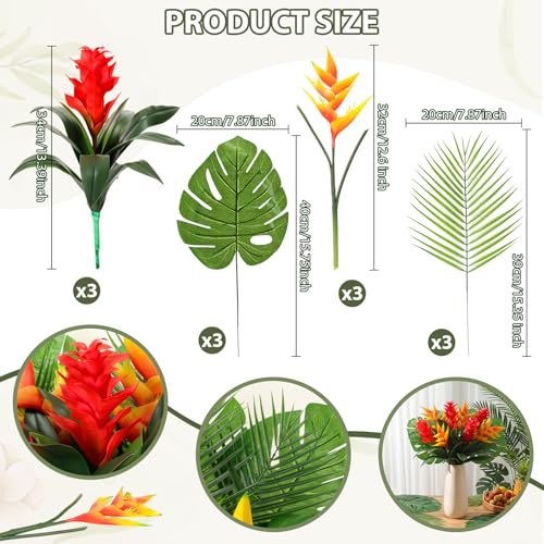 12 Pcs Artificial Tropical Bouquet Artificial Tropical Flowers Centerpieces for Tables Bromeliad Monstera Palm Leaves and Heliconia for Hawaiian Party Birthday Wedding Table Decor
