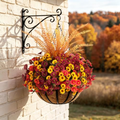 Artificial Fall Mums Flowers Fake Plants for Outdoors Decoration (4 Mixed Colors(4 Yellow,4 Orange,4 Brown,1 Fern))