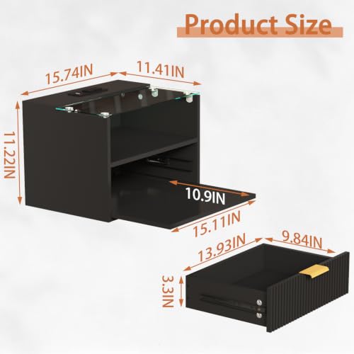 Modern Floating Nightstand Set of 2 with Charging Station & Light (Black)
