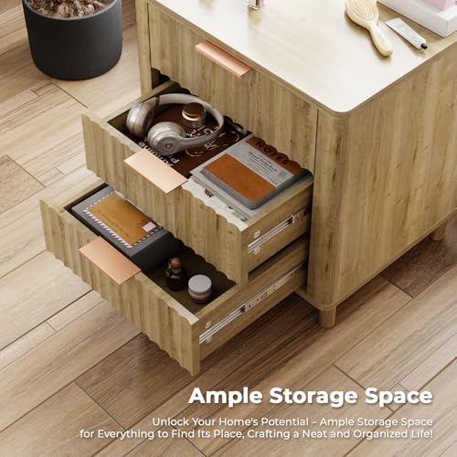 Fluted Nightstand Set of 2 with Charging Station (Oak / 3 Drawers)