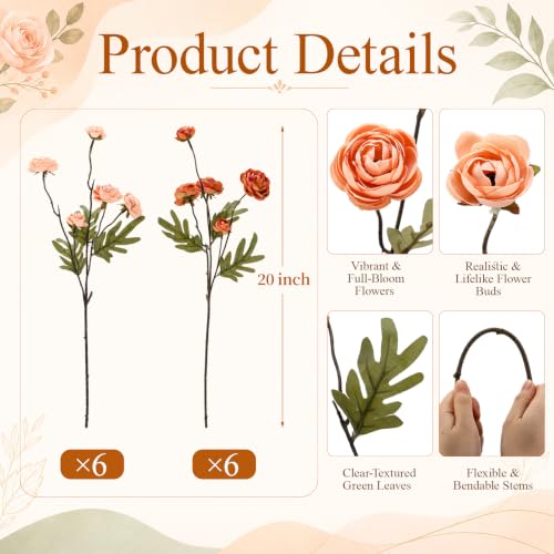 Rivrlive 12 Pcs Fall Orange Ranunculus Artificial Flowers (Orange)