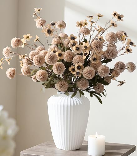8 Pcs Fake Mums Kiku Flowers Artificial with Wild Flowers Bulk (8pcs-beige Wax&kiku)