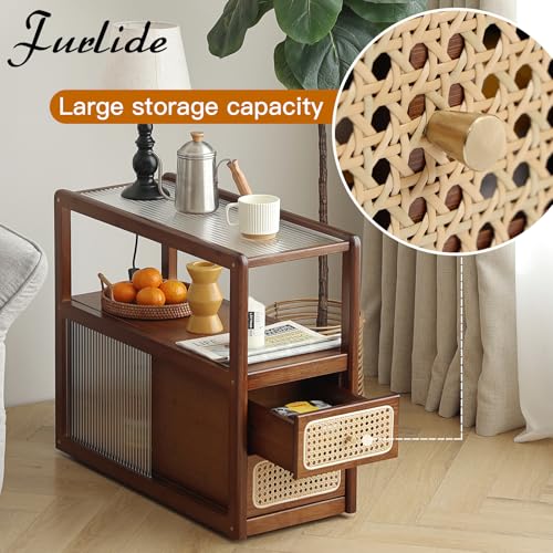 Rattan Nightstand Side Table with Storage (Walnut)