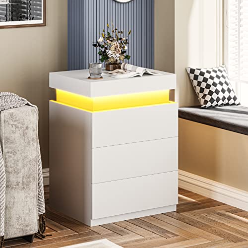 White Nightstand with Charging Station and LED Lights (White)