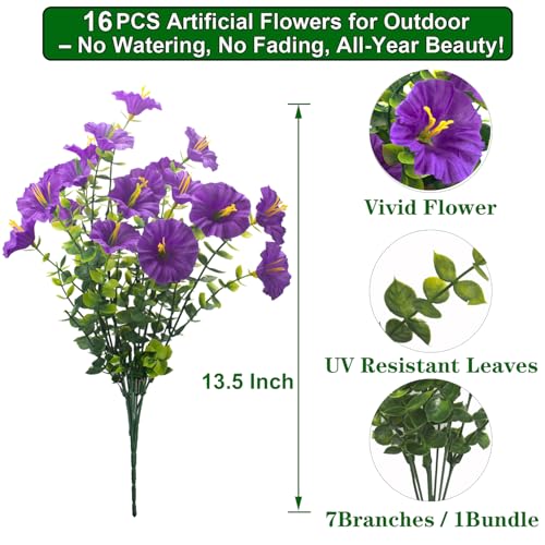 Artificial Faux Flowers for Outdoor 16 Bundles Boxwood Fake Morning Glory for Planter (Purple)
