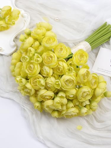 32Pcs Yellow Ranunculus Artificial Flowers for DIY Home Wedding (Yellow)