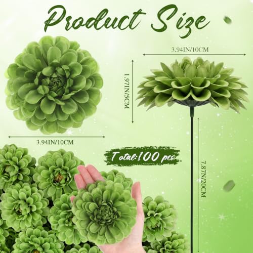 100pcs Green Artificial Dahlia Flowers with Stems (Green)