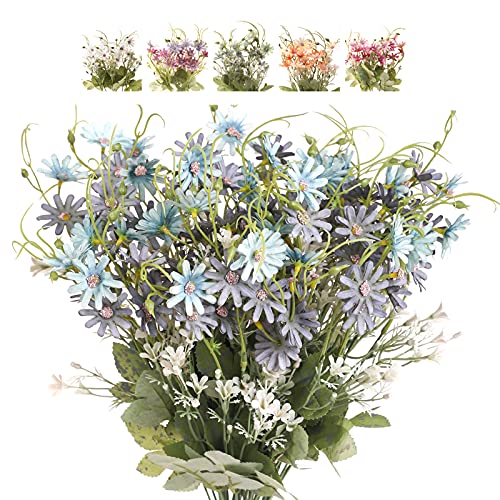 Artificial Flowers Wildflowers Silk Daisy Spring Fake Daisies Decoration Summer UV Resistant Colorful Mixed Bundles Faux Greenery Outdoor Plant Stem Filler for Home Decor Indoor Floral Arrangements (03 Blue)