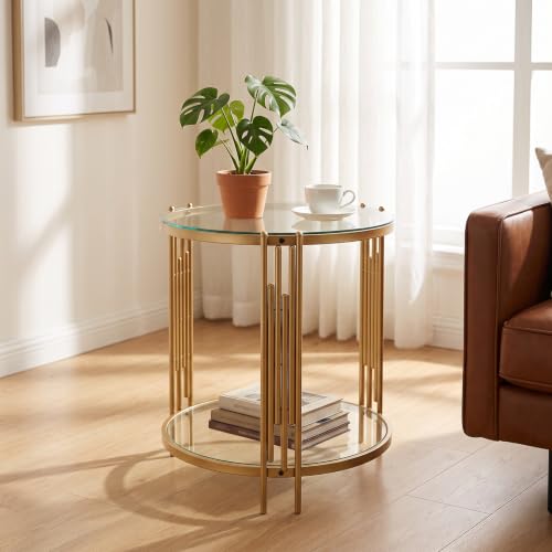 Round Side Table Small Gold End Table Living Room (Gold / 2 Tier)
