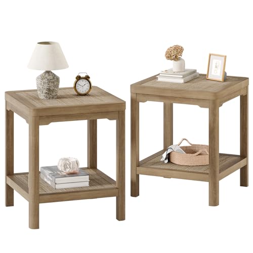Square Rattan End Table Side Table Set of 2 with Round Edge Design (Caramel Oak, Square)