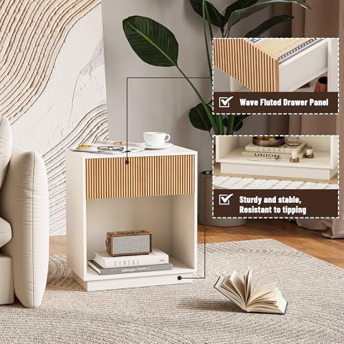 Fluted Nightstands Set of 2 (White & Oak)