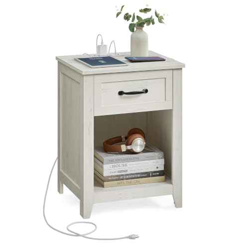 Farmhouse Wood Nightstands with Charging Station (Rustic White / 1 PACK)
