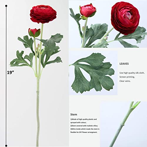 Artificial Ranunculus Flowers with Real Touch Stem (Red / 6)