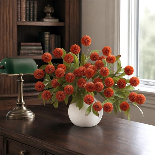 6 Pcs 27" Artificial Fall Pompon Mum Flower Stems for Vase (Orange)