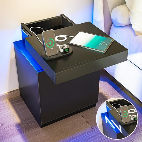 LED Nightstands Set of 2 with Charging Station (Black / 17.7 inch-2P-Charging Station)