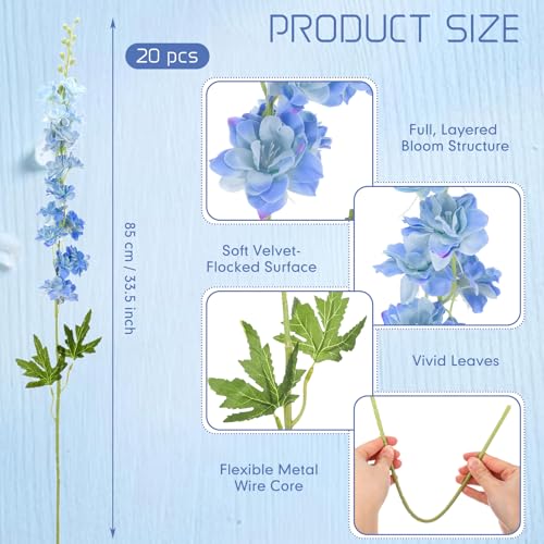 20 Delphinium Artificial Flowers 33.5" Long Stem (Blue)