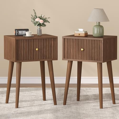 Small Nightstand Set 2 Fluted Wooden Nightstands Wood Legs Walnut (Walnut)