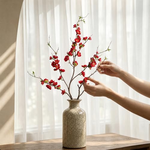 Artificial Cherry Blossom Branches Fake Plum Blossom 35.4''Fake Flowers Cherry Blossoms Faux Flowers Long Stem Artificial Flowers for Tall Vase for Indoor Home Decoration (Red)