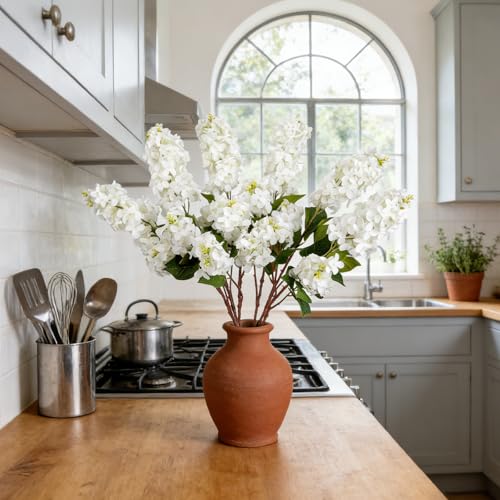 4PCS 30inch Lilac Artificial Flowers White Fake Delphinium Long Stem Silk Real Touch Flower Faux Lilac Floral Arrangement for Tall Vase Table Centerpieces Wedding Garden Home Decoration (30inch White / 4 Pcs)