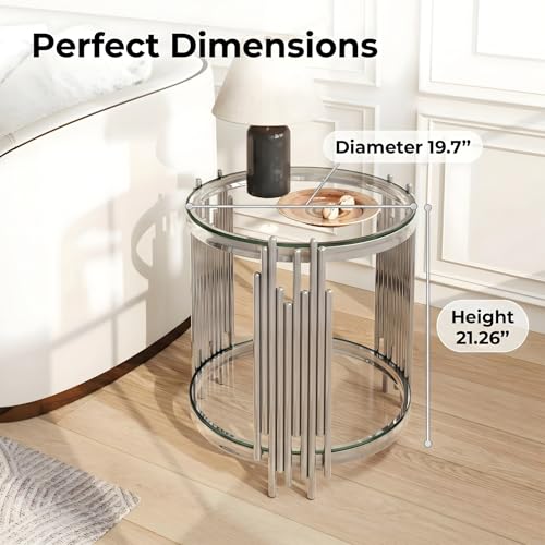 19.7''D Round Glass Side End Table with 2 Tiers (Silver)