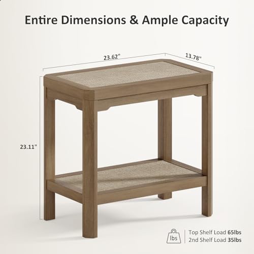 Rattan Side Table End Table Farmhouse Boho Nightstand Set of 2 (Caramel Oak, Geometric Edges)