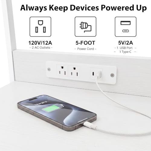 Night Stand with Charging Station (15.7"D x 11.8"W x 23.6"H (2 drawers) / Power+Light (1pc) / White Fluted)