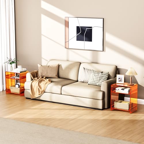 Acrylic End Table Record Player Table with Storage Shelf Clear Side Table Nightstand (Orange Set of 2)