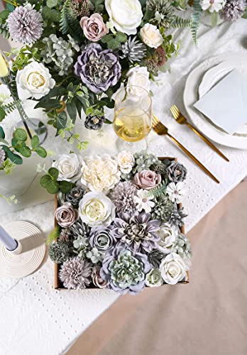 Artificial Flowers Combo Roses 25pcs Silk Fake Flowers for DIY Wedding Bouquets Combo Gradual Change Centerpieces Arrangements Party Bridal Baby Shower Home Decorations (Purple Green)