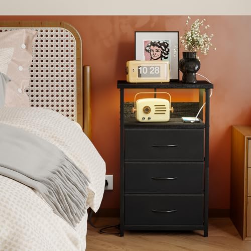 Night Stand with 3 Drawers (15.7"D x 11.8"W x 26.9"H (3 drawers) / Power+Light (1pc) / Black)