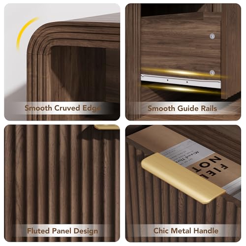 23'' Wide Fluted Nightstand Set of 2 with Charging Station (Walnut / 1 Drawer & Open Shelf)