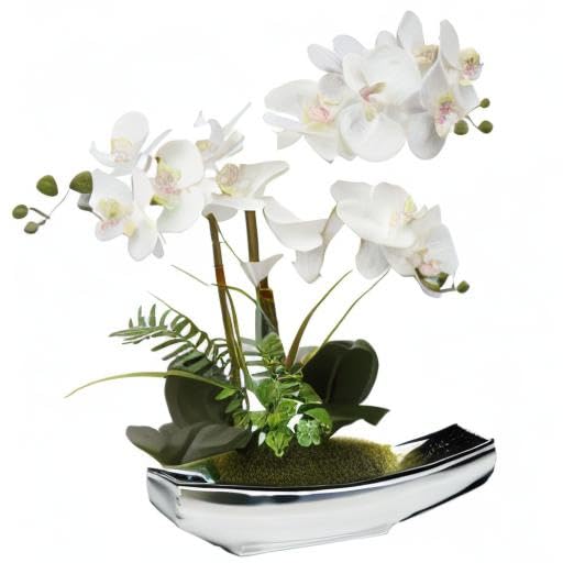 15" White Faux Orchid Arrangement in Silver Boat Pot Table Decor (White Silver Boat Pot)