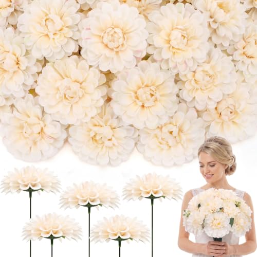 100pcs Beige Artificial Dahlia Flowers with Stems (Beige)