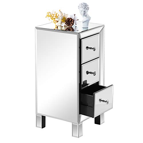 3 Drawer Mirrored Nightstand End Table Bedside Table for Bedroom (1 Pack / Assembly: Knobs Only / Actual Glass Mirror Finish)