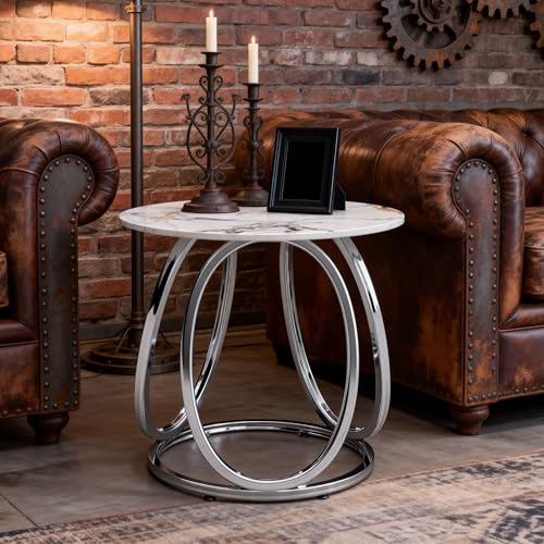 Round End Table with Marbling Stone (White)