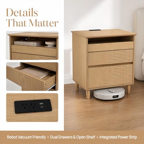 Nightstand with Charging Station (Natural Wood Color)