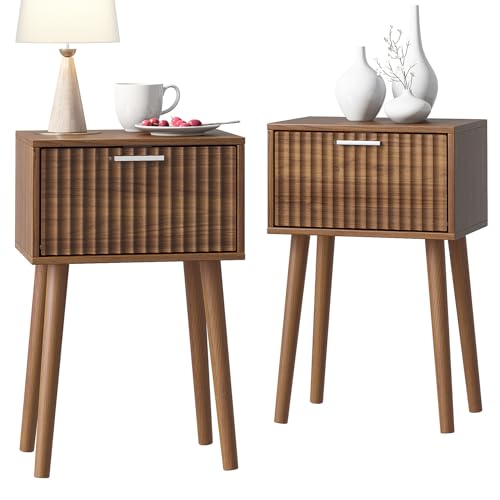 Nightstands Set of 2 (Rustic Brown / Fluted Style)
