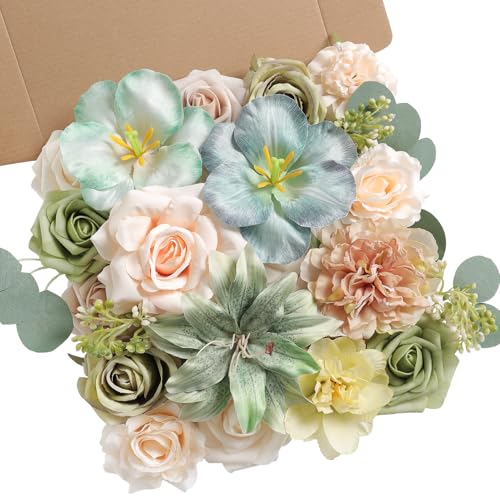 Artificial Flower Combo Fake Peony Rose Silk Flowers for DIY Wedding Bridal Bouquet Centerpieces Arrangements Party Decorations (Blue-green)